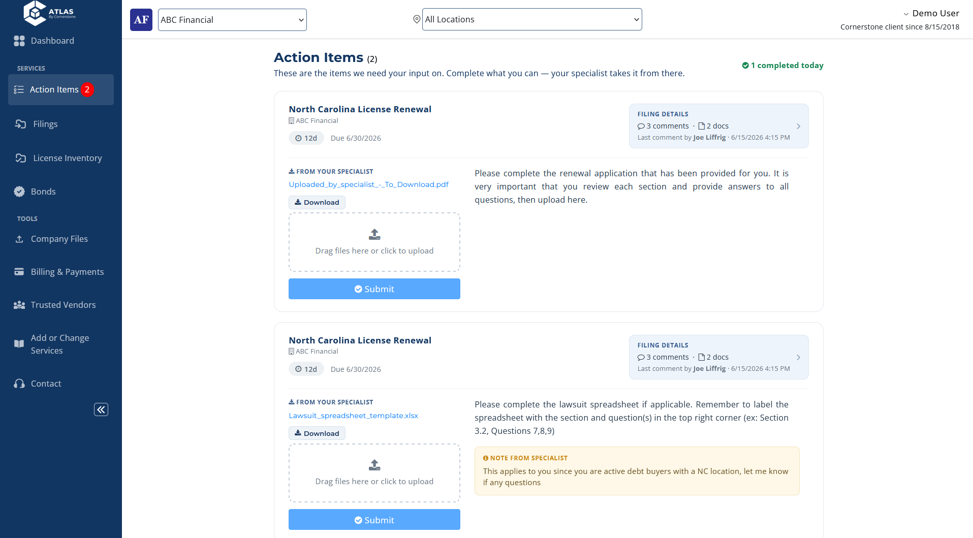 The Atlas action items screen listing license renewal tasks, each with a due date, documents, an upload area, and a note explaining what is needed.