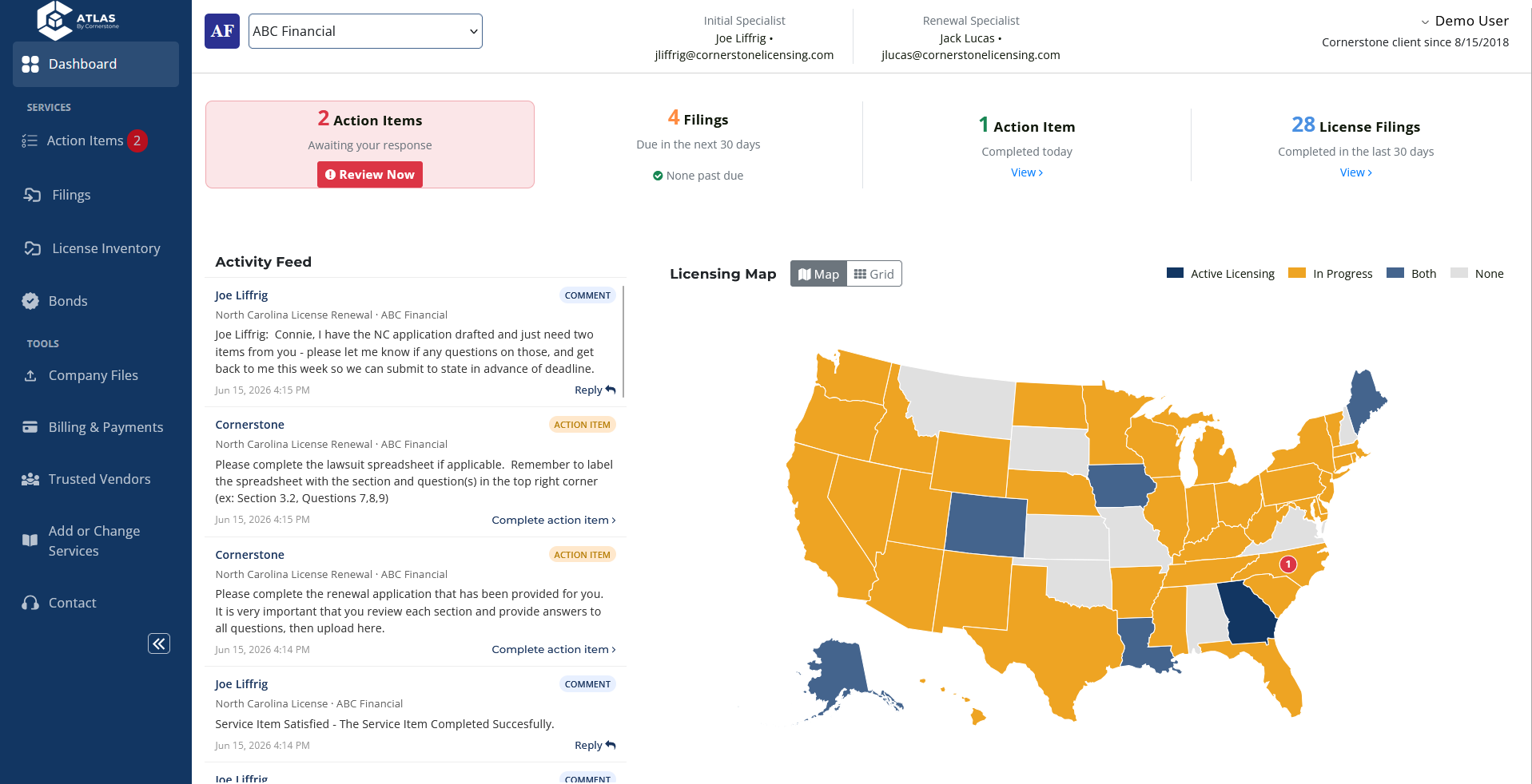 The Atlas dashboard showing action items, filings due, completed work, and a licensing status map. Click to play the full walkthrough video.
