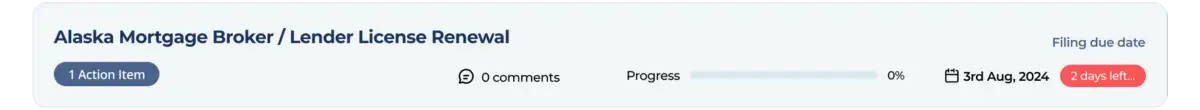 An Atlas due date reminder for an Alaska mortgage broker license renewal, showing the filing due date and days remaining.