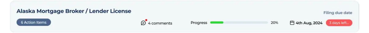 An Atlas due date reminder for an Alaska mortgage broker license, showing the filing due date and days remaining.