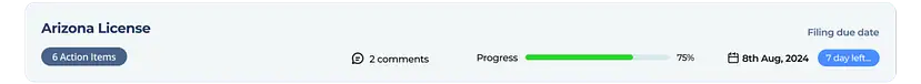 An Atlas due date reminder for an Arizona license, showing the filing due date and days remaining.
