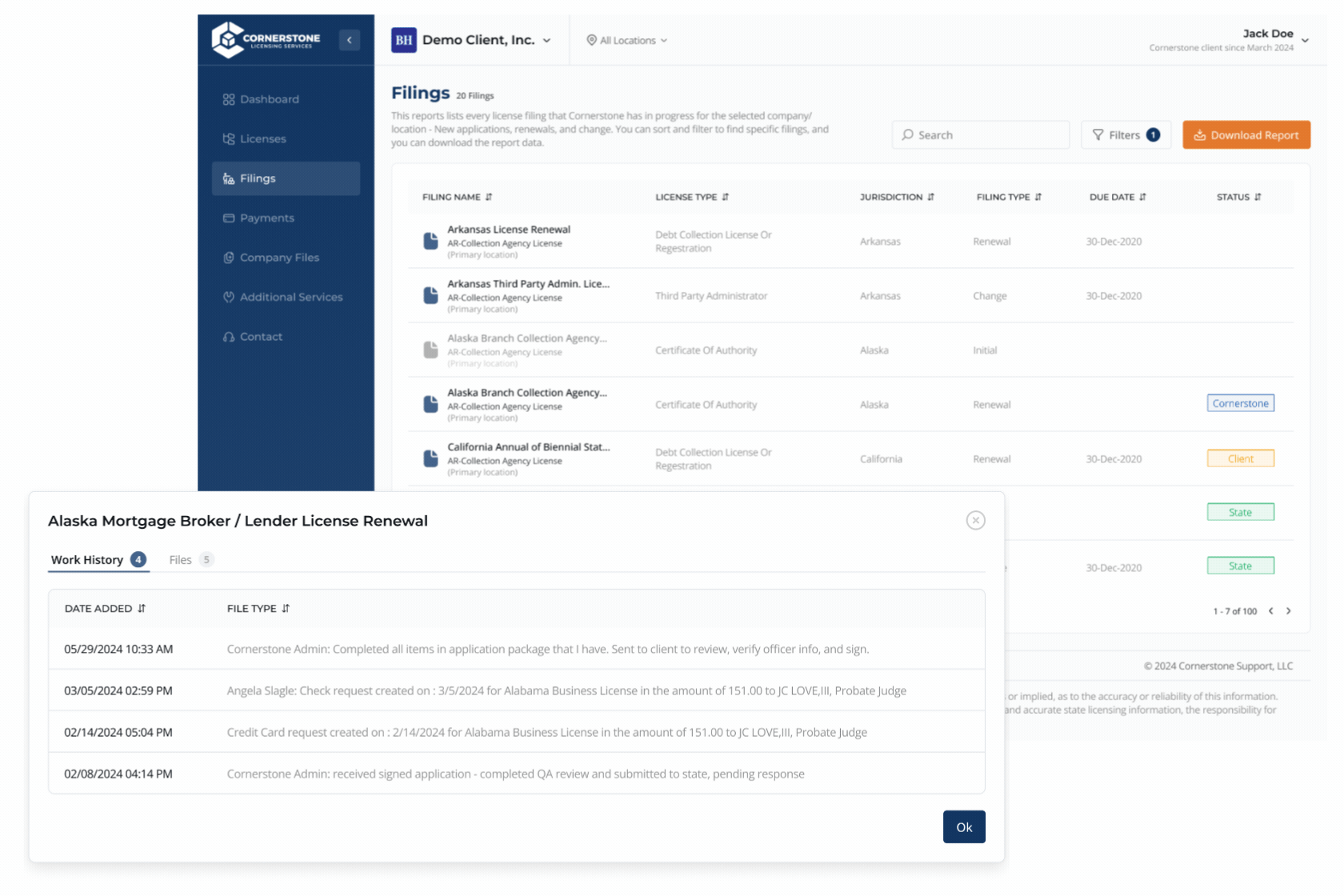 Atlas status and work history view for an active license, showing filings and a searchable work history log.